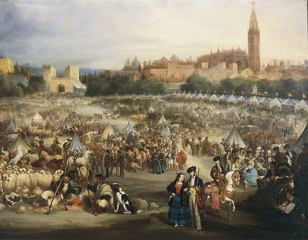 The Fair of Seville, The Cathedral and Giralda in background, by Andre Cortes y Aguilar, 1882