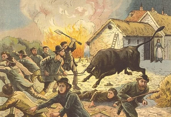 Farmers wife letting out a bull to frighten off agricultural workers attacking a farm, c1830