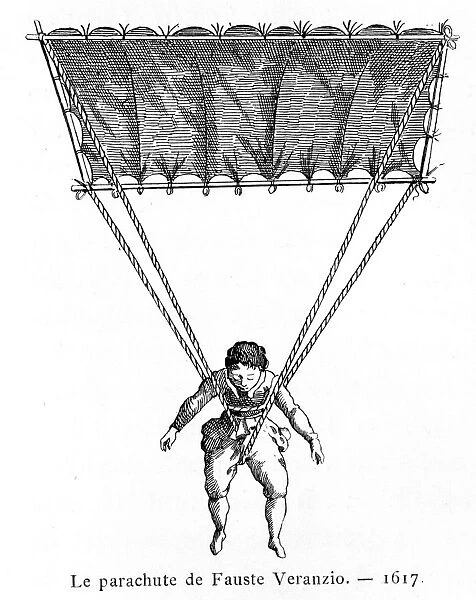 Fauste Veranziio making a successful jump from a tower in Venice using the parachute he had built