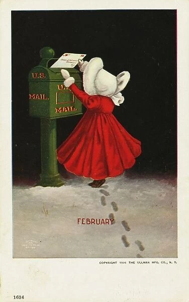 February Calendar Postcard with Little Girl Mailing a Letter. 1906, February Calendar Postcard with Little Girl Mailing a Letter