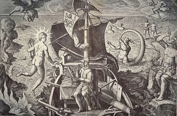 Ferdinand Magellan (c1480-1521) on his ship Victoria. Allegorical celebration