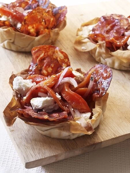 Filo pastry filled with Goats Cheese, Chorizo and Red Peppers