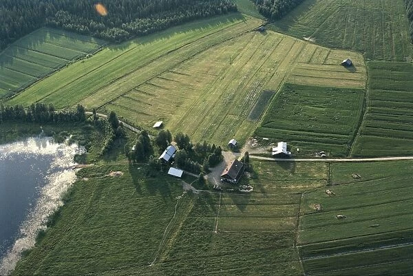 Finland, Aerial view of farm on shore of Lake Puruvesi