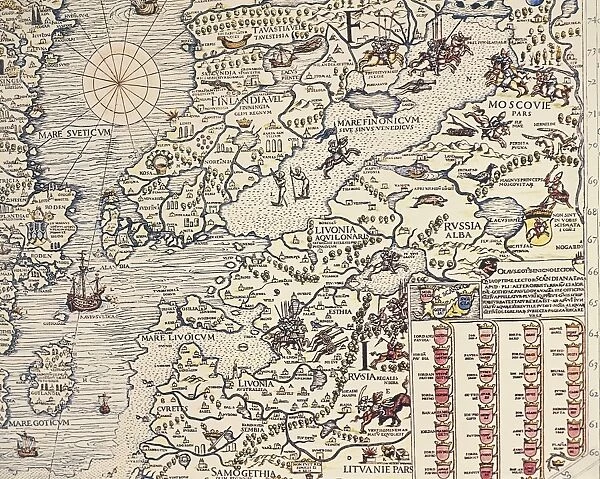 Finland and Russian territories, from Carta Marina, Sea Map by Olaus Magnus, Venice, detail, 1539