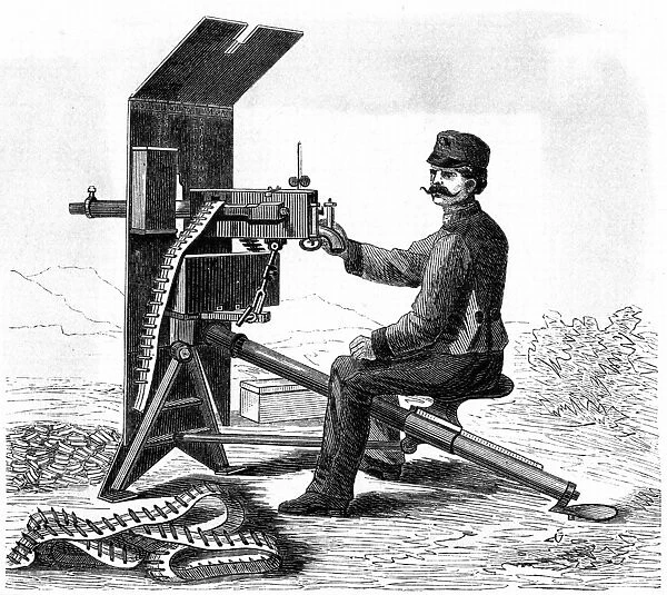 First model of Hiram Maxims machine gun. From Der Stein der Weisen, Leipzig, c1895