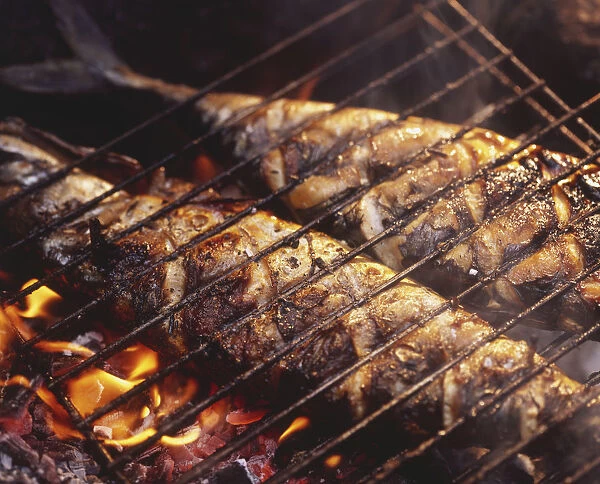 Two whole fish being grilled on a charcoal fire, with a wire rack on top