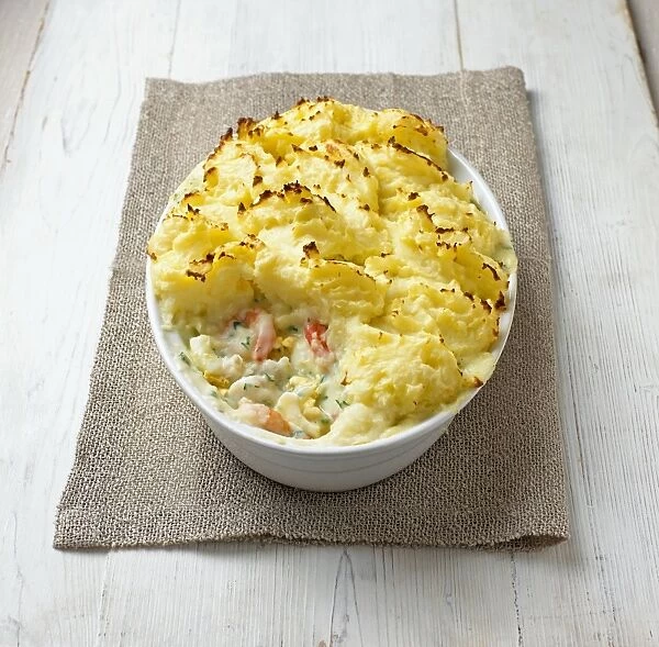Fishermans pie in souffle dish, close-up