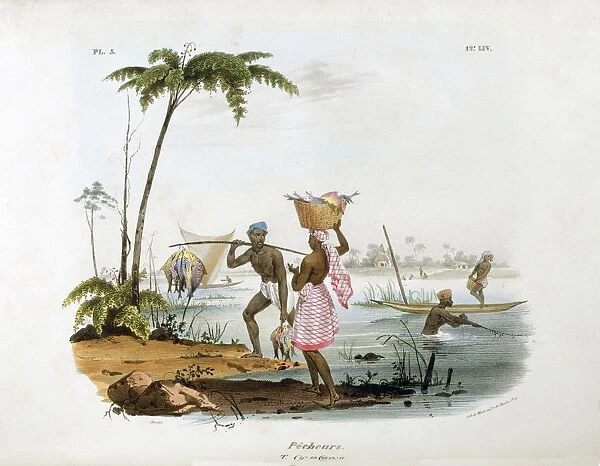 Fishermen using canoes and nets in a river. Man carries catch on pole and woman balances