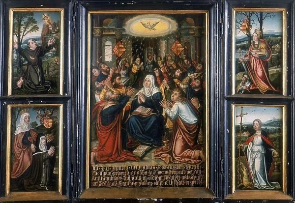 Flemish School, 16th century. Triptych. Central panel shows Holy Spirit at Pentecost