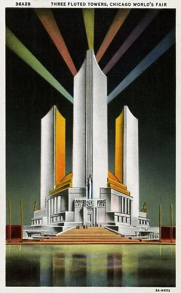 Three Fluted Towers at Chicago Worlds Fair Postcard. ca. 1933, Three Fluted Towers at Chicago Worlds Fair Postcard
