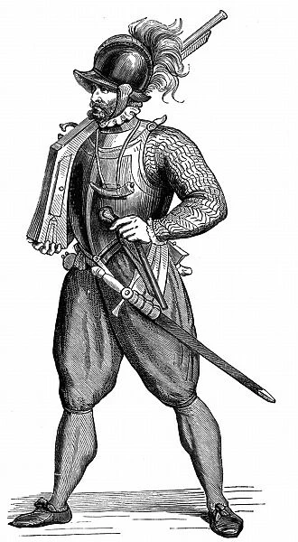 Foot soldier carrying an arquebus. Engraving after Cesare Vecellio Degli habiti antichi