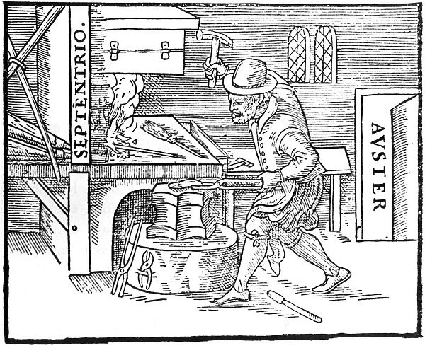 Forging a magnet. From William Gilbert De Magnete, London, 1600. Metal on the anvil