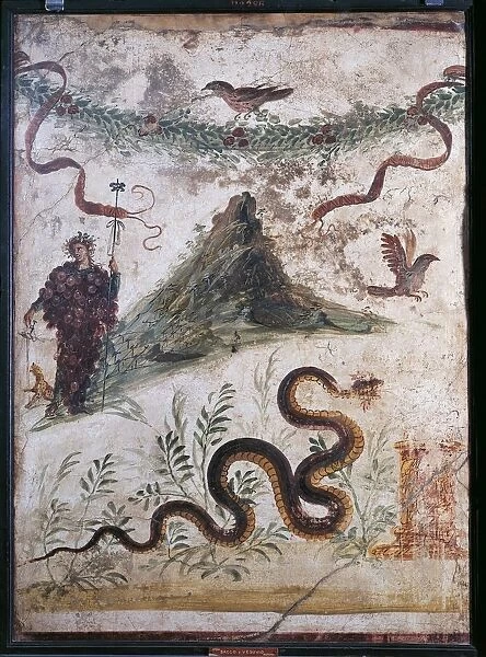Fourth style fresco depicting Bacchus and Vesuvius volcano, From House of Centenary at Pompeii