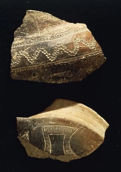 Fragments of engraved ceramic vase, from grotto of Tane del Diavolo, Parrano, province of Terni