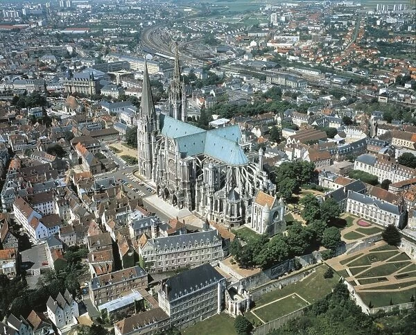 France, Aerial view of Chartres with Cathedral of Notre-Dame