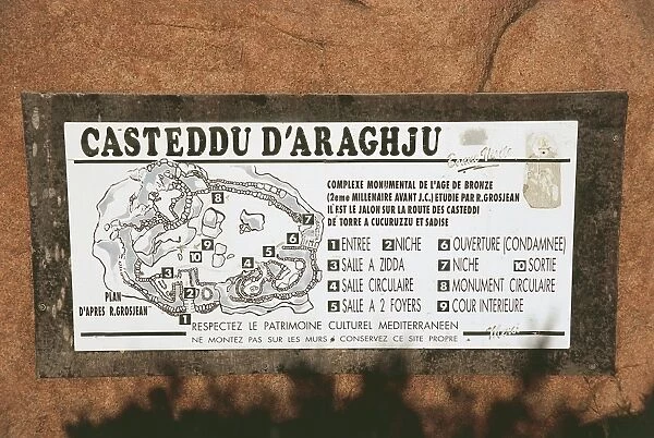 France, Corsica, Castle of Arraggio (casteddu d Araghju), Bronze Age monumental complex, information sign