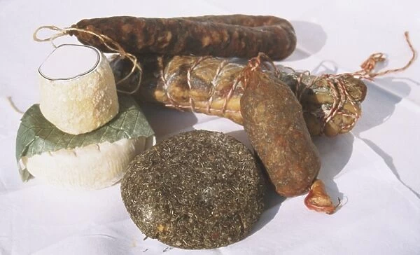 France, Corsica, sausage and cheese selection, close up