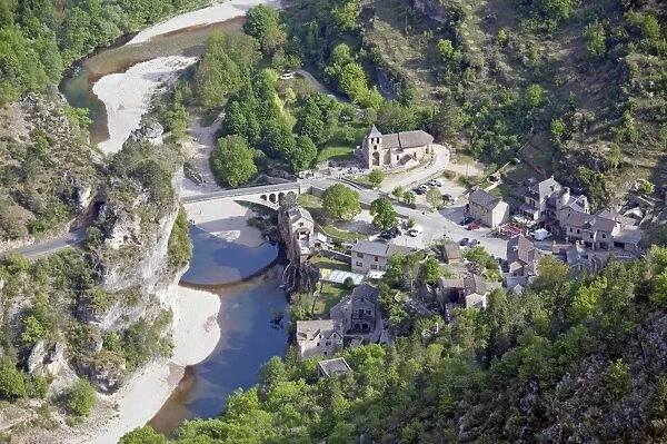 France, Gorges du Tarn, village built at the edge of the Tarn river in Gorges du Tarn