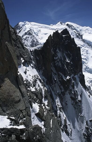 France, Mont Blanc Massif, northern slope of Aiguille du Midi with Mont Blanc du Tacul in background