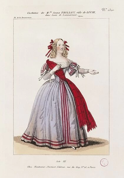 France, Paris, Costume sketch for Lucia in opera Lucia di Lammermoor, performed by Anne Thillon at Paris, 1840