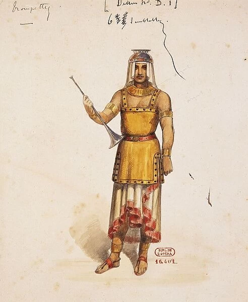 France, Paris, Costume sketch for the trumpet player in Aida by Giuseppe Verdi for the Premiere at Khedivial Opera House in Cairo
