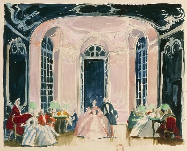 France, Paris, Hotel de Transylvanie gaming room, Set design for Act IV in opera Manon by Jules Massenet (1842-1912), performance at Paris Opera Comique, January 28, 1950