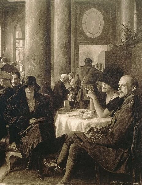 France, Paris, Interior of cafe between 5 and 7 o clock with soldiers and fashionable ladies, winter 1916-17