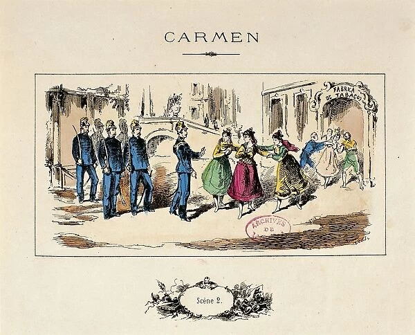 France, Paris, A scene from the opera Carmen (1875) by Georges Bizet (1838-1975), print, 1875