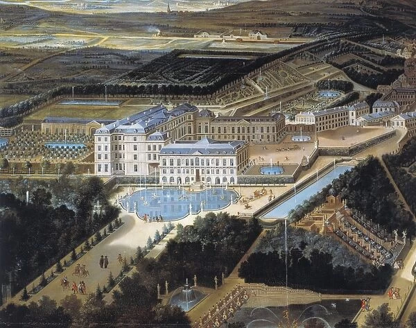 France, Perspective view of Royal castle and gardens of Saint Cloud near Paris in 1700 by Etienne Allegrain, oil on canvas, detail