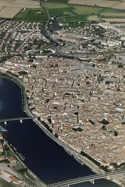 France, Provence-Alpes-Cote d Azur, Aerial view of Arles and Rhone river