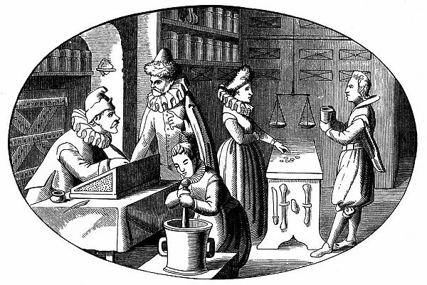French grocer and druggist. In foreground a boy uses pestle and mortar to grind ingredients