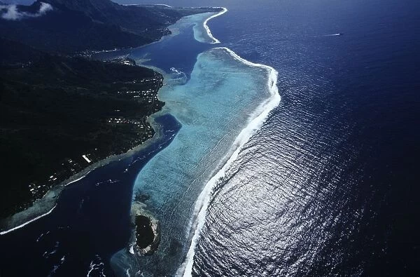 French Polynesia, Society Islands, Windward Islands, Moorea, Vaiare, Aerial view of island coastline