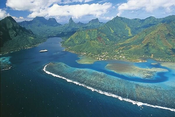 French Polynesia, Society Islands, Moorea Island, Aerial view of Opunohu Bay