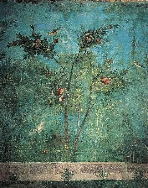 Fresco depicting garden with fruit trees and birds, detail of pomegranate tree, from Rome, Triclinium of House of Livia