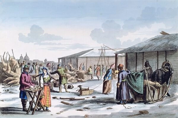 Frozen Food Market, 1821. Russian Manners and Customs. Coloured lithograph
