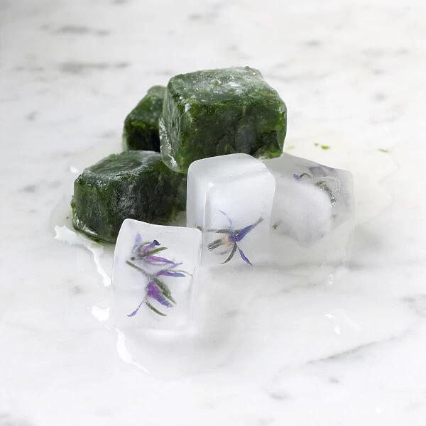 Frozen herbs and borage flowers on marble surface