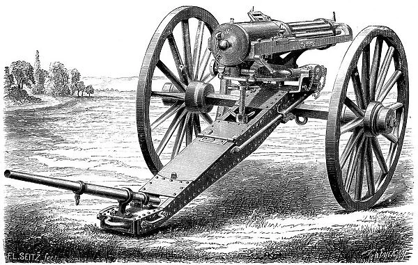 Gatling rapid fire gun (1861-62): Various models. From The Science Record New York, 1762
