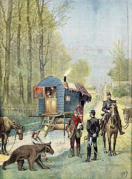 Gendarmes taking census forms to encampment of itinerant gipsies in their caravan