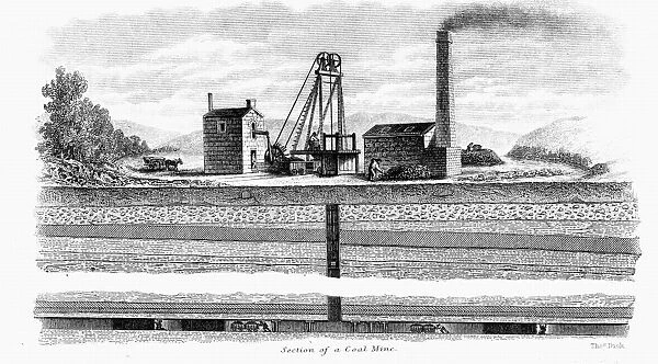 General pit head scene showing engine house for steam engine, head gear etc