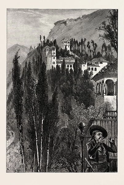 THE GENERALIFFE, FROM THE WALLS OF THE ALHAMBRA, Ganada, Spain, 19th century engraving
