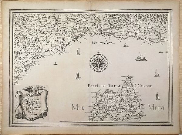 Genoa Signoria, Nice County and Northern Corsica, Map by Claude Jollain from the Tresor des Cartes Geographiques des Principaux Estats de l Univers, Copper engraving, 1667