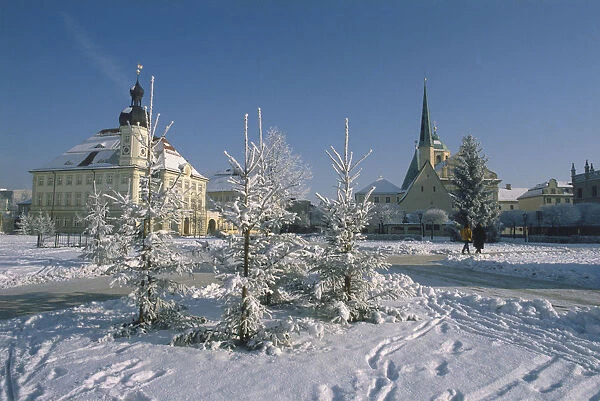 Germany, Bavaria, Altotting, winter view, with snow surrounding the area, of the octagonal Gnadenkapelle complex