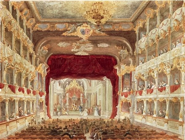 Germany, Bavaria, Munich, Interior of the Cuvillies Theatre during a performance, watercolor