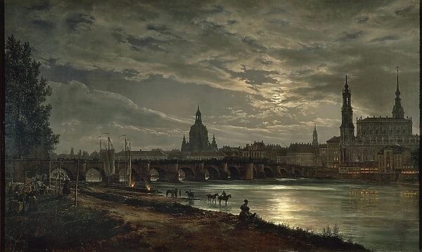 Germany, Dresden with moon, in foreground Augustus Bridge over Elba River and on right Cathedral Tower by Johan Christian Klausson Dahl, 1839