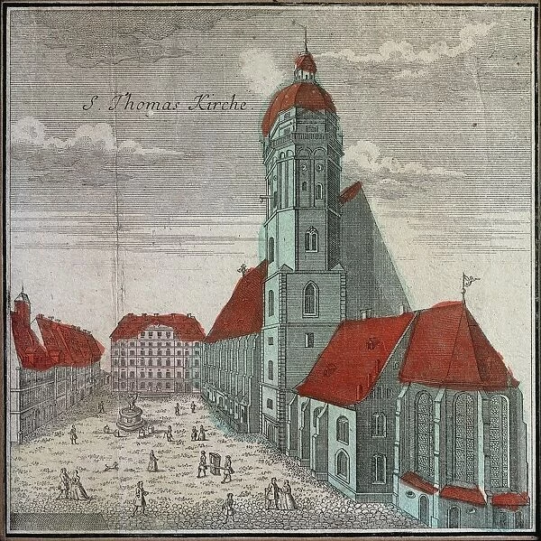 Germany, Leipzig, Thomaskirche (Saint Thomass Church) and Thomasschule (Saint Thomass School, where Bach was a singer), coloured engraving, 1749