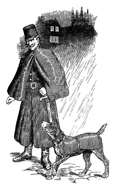 Ghent police dog, kitted out in its own mackintosh coat for wet weather, with its handler