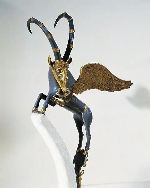 Gilded silver handle of vase depicting winged ibex, from Palace of Darius I, from Shush (ancient Susa), Iran