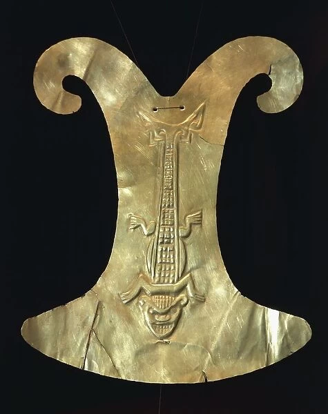 Gold breastplate with the imprint of a reptile with the head of a cat from the Terradientro Archeological Site, Colombia