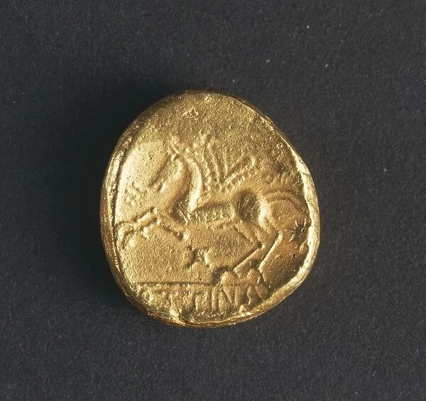Gold Celtic stater of Treveri (Treves region), Back depicting horse at gallop