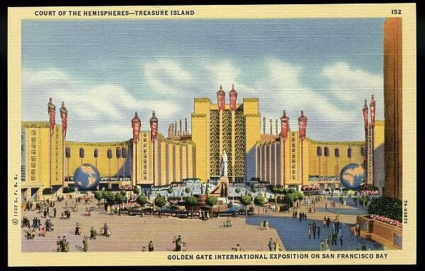 Golden Gate International Exposition. ca. 1937, San Francisco, California, USA, COURT OF THE HEMISPHERES-TREASURE ISLAND, 152. GOLDEN GATE INTERNATIONAL EXPOSITION ON SAN FRANCISCO BAY. The terminus of the mile-long main esplanade of this Worlds Fair is the Court of the Hemispheres with its imposing gateway to the Theatre of the Sky. Structural Pageantry that combines the most interesting features of color and architecture in the Occident and the Orient are seen at the Golden Gate International Exposition, on Treasure island in San Francisco Bay. Brilliant-hued murals, walls in golden designs, waving banners and giant globes that reveal the continents in colored relief, will surround the fountains and gardens of the court. February 18th to December 2nd, 1939